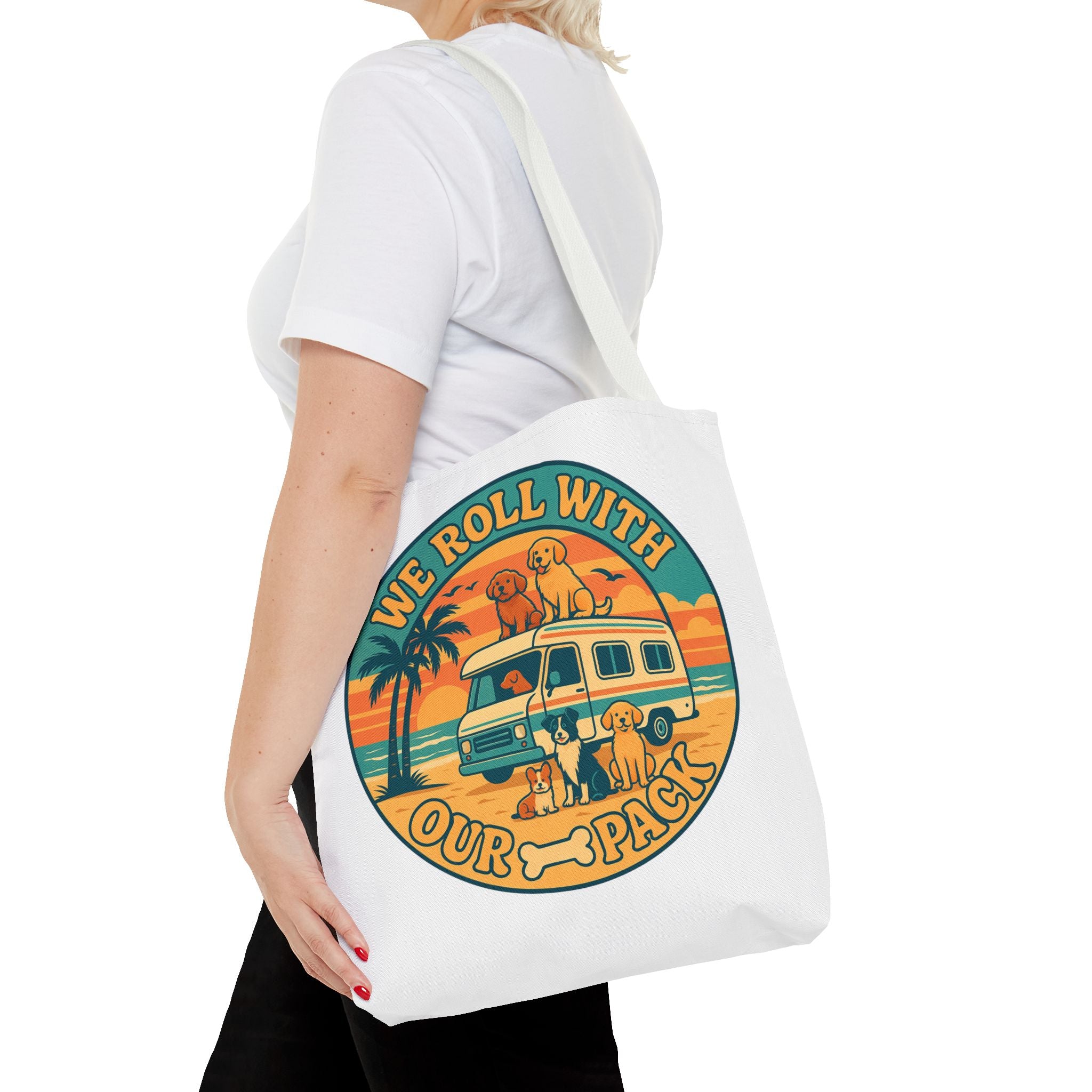 Dog Lovers Tote Bag - We Roll With Our Pack, Beach Bag, Pet Owner Gift, Eco-Friendly, Camping Accessory, Dog Mom Tote