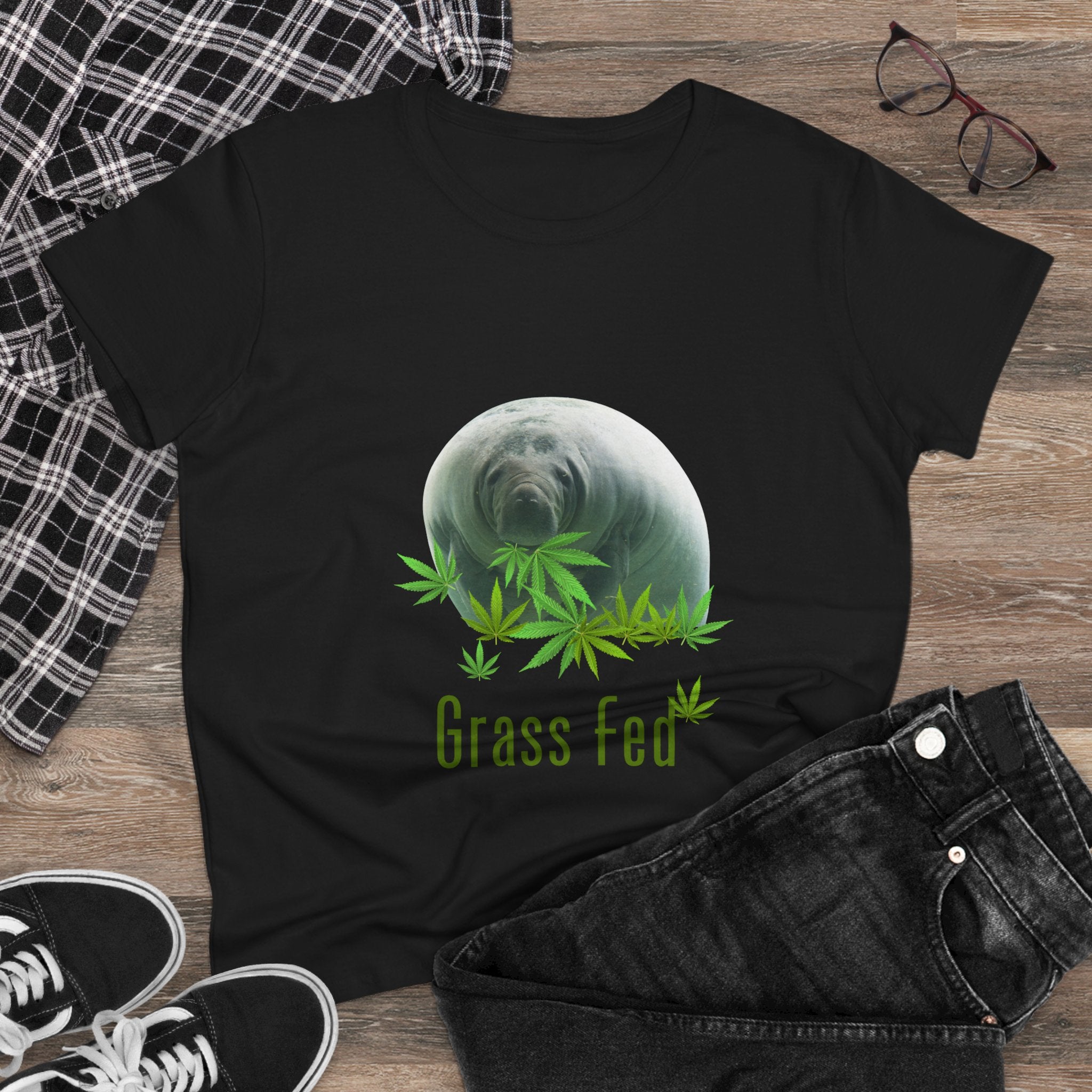 Manatee Grass Fed Women's Tee, Eco-Friendly T-Shirt, Nature Lover Gift, Casual Summer Top, Unique Animal Graphic Tee
