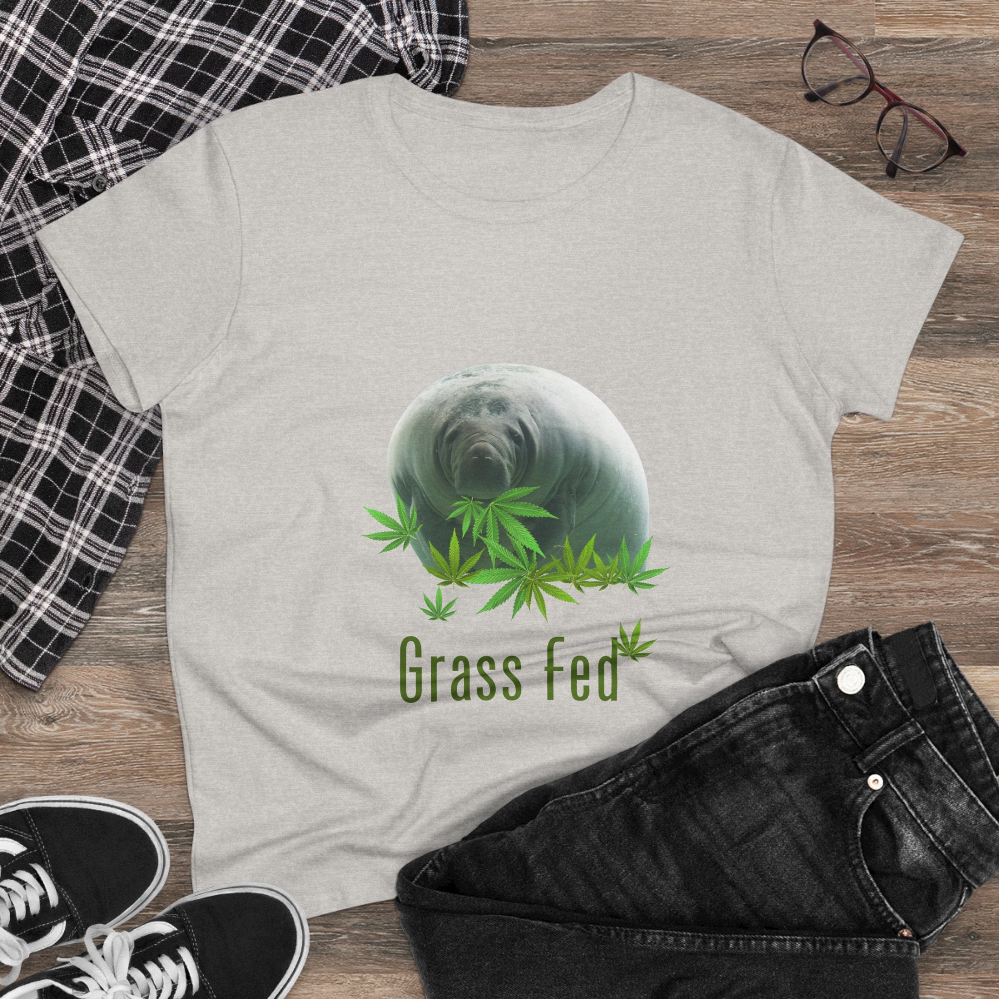 Manatee Grass Fed Women's Tee, Eco-Friendly T-Shirt, Nature Lover Gift, Casual Summer Top, Unique Animal Graphic Tee