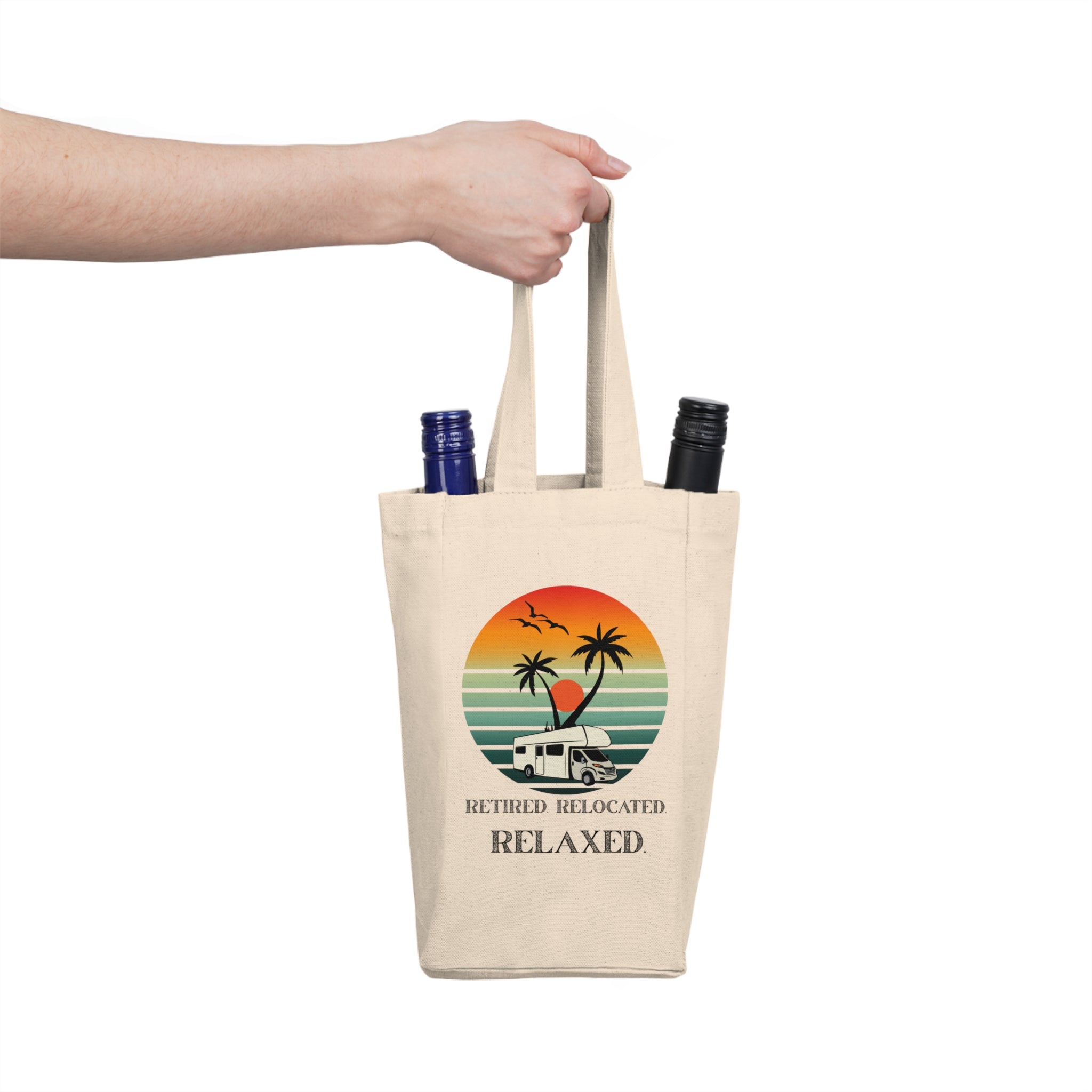 Double Wine Tote Bag with Palm Trees Sunset Design