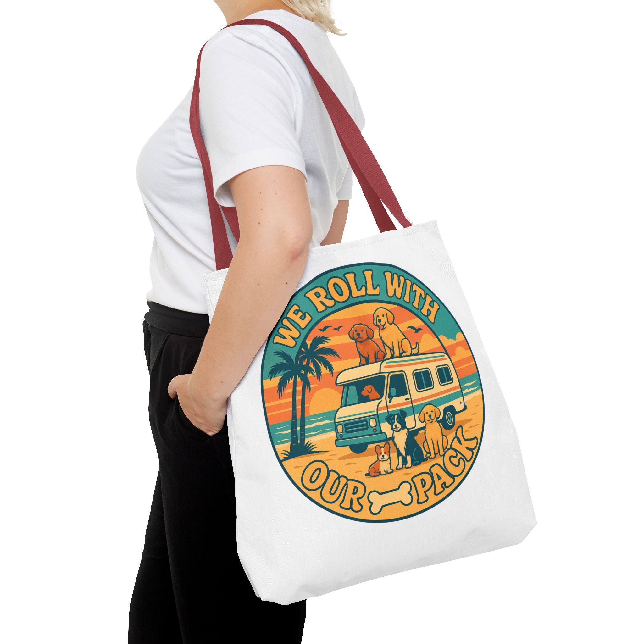 Dog Lovers Tote Bag - We Roll With Our Pack, Beach Bag, Pet Owner Gift, Eco-Friendly, Camping Accessory, Dog Mom Tote