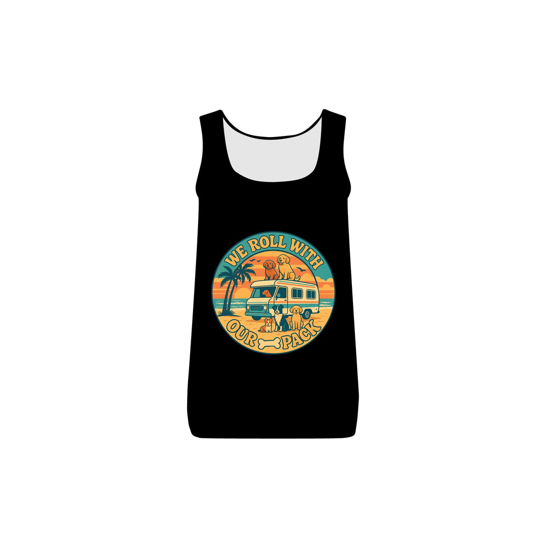 Retro Camper Van Summer Tank Top, We Roll With Our Pack, Women's Sleeveless Top, Boho Vibes, Camping Apparel, Beachwear, Dogs