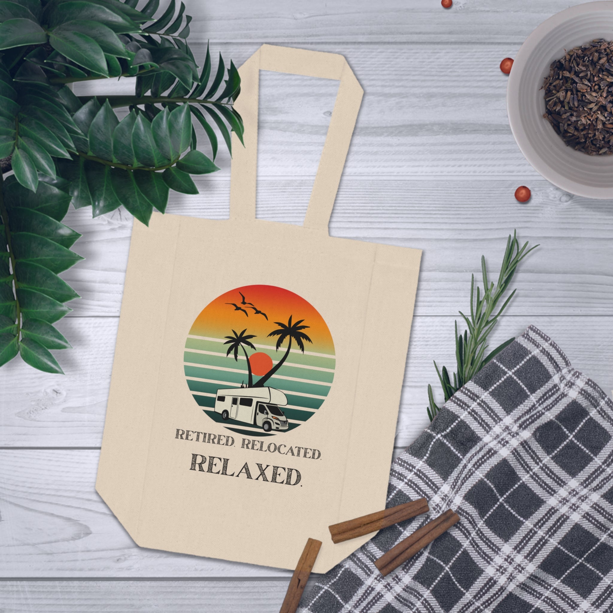 Double Wine Tote Bag with Palm Trees Sunset Design